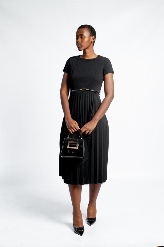 VALOUR WEAR Y32 BELTED PLEATED DRESS-BLACK