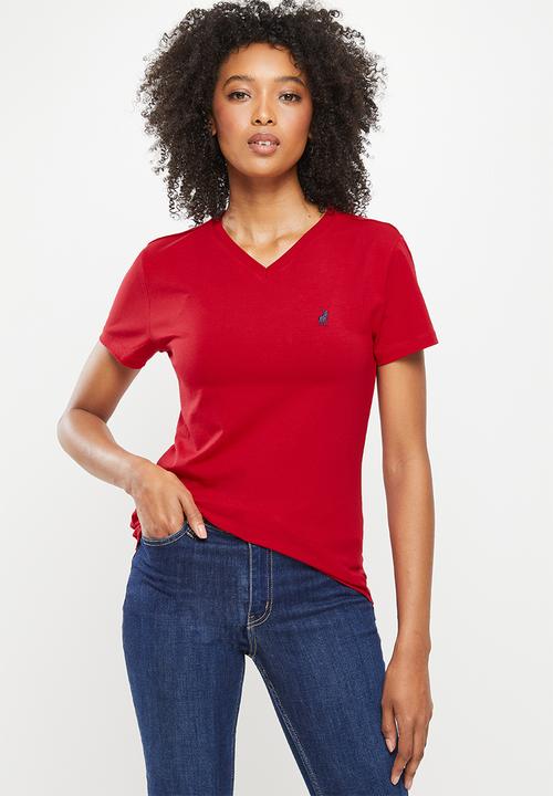 LADIES POLO KELLY V-NECK STRETCH S/S TEE -RED