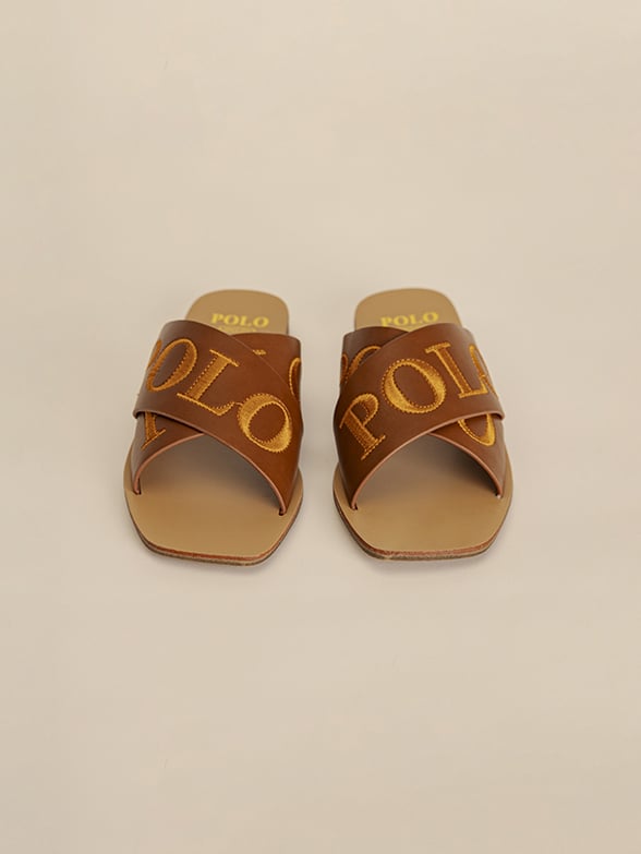 POLO CROSS STRAP EMBROIDERED MULE SANDAL-TAN