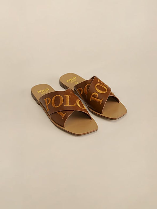 POLO CROSS STRAP EMBROIDERED MULE SANDAL-TAN