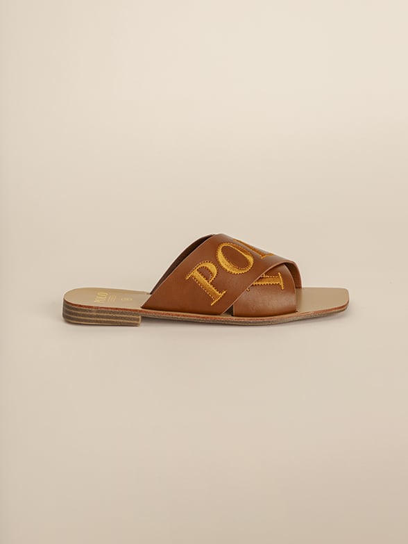 POLO CROSS STRAP EMBROIDERED MULE SANDAL-TAN