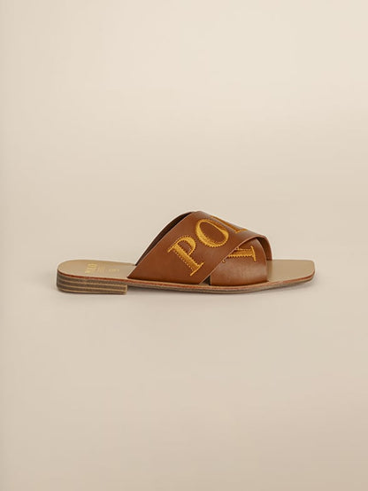 POLO CROSS STRAP EMBROIDERED MULE SANDAL-TAN