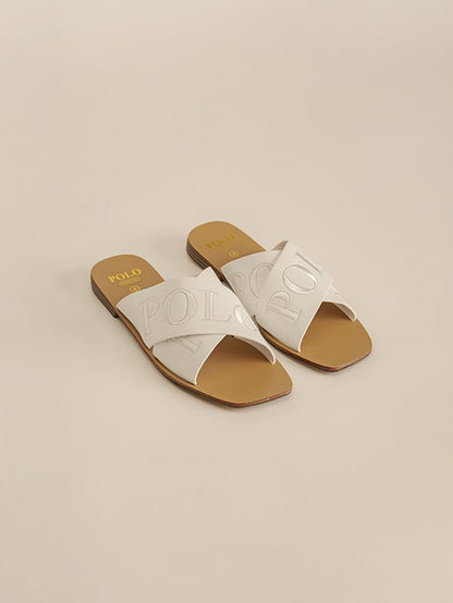 POLO CROSS STRAP EMBROIDERED MULE SANDAL-WHITE