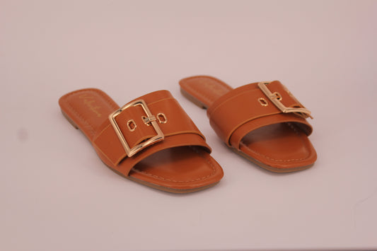 VALENTINA FLAT CROSS STRAP BUCKLE SANDAL-TAN