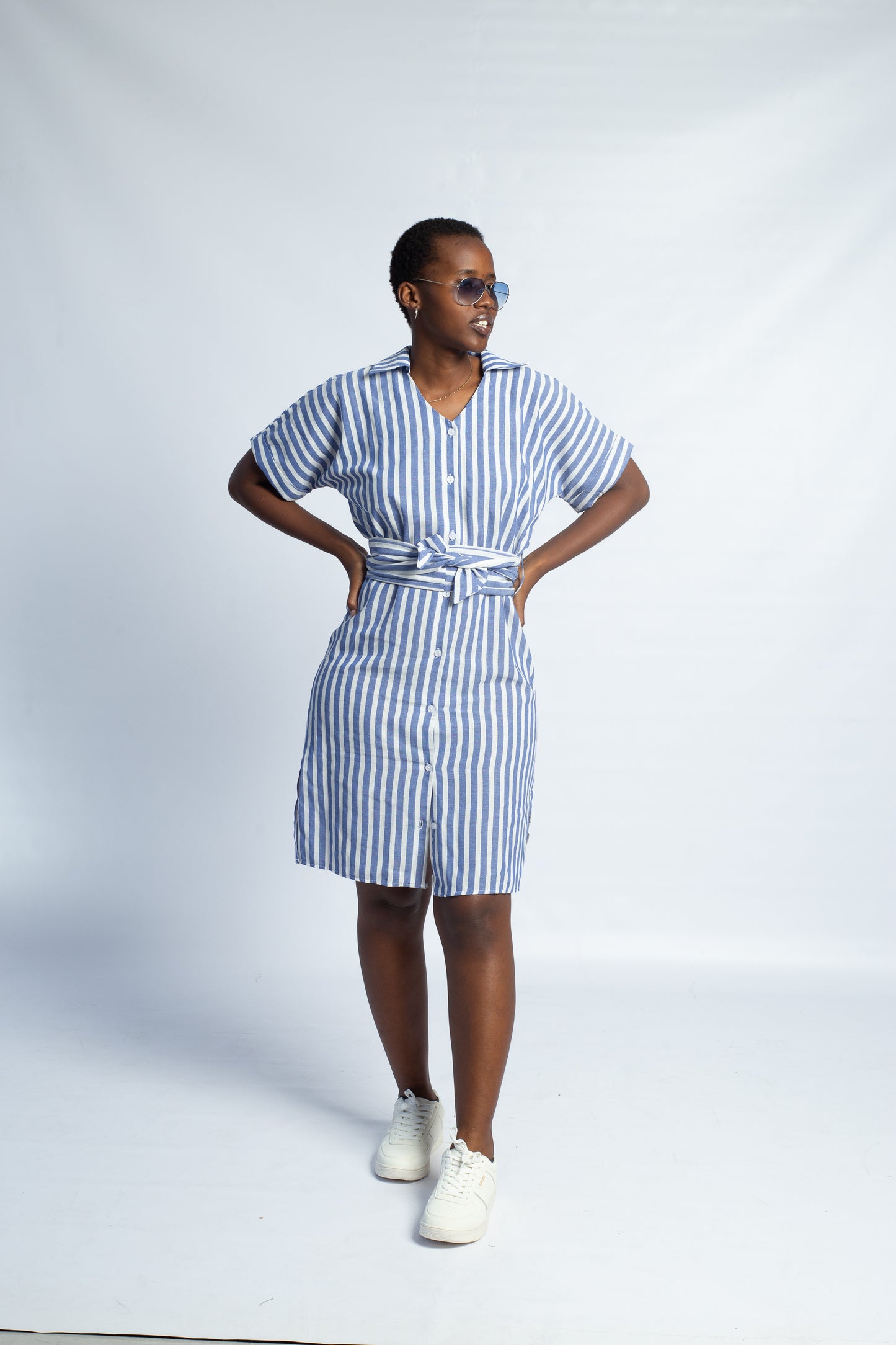 MISS K LD96447 BUTTON DOWN S/S DRESS-BLUE/WHT