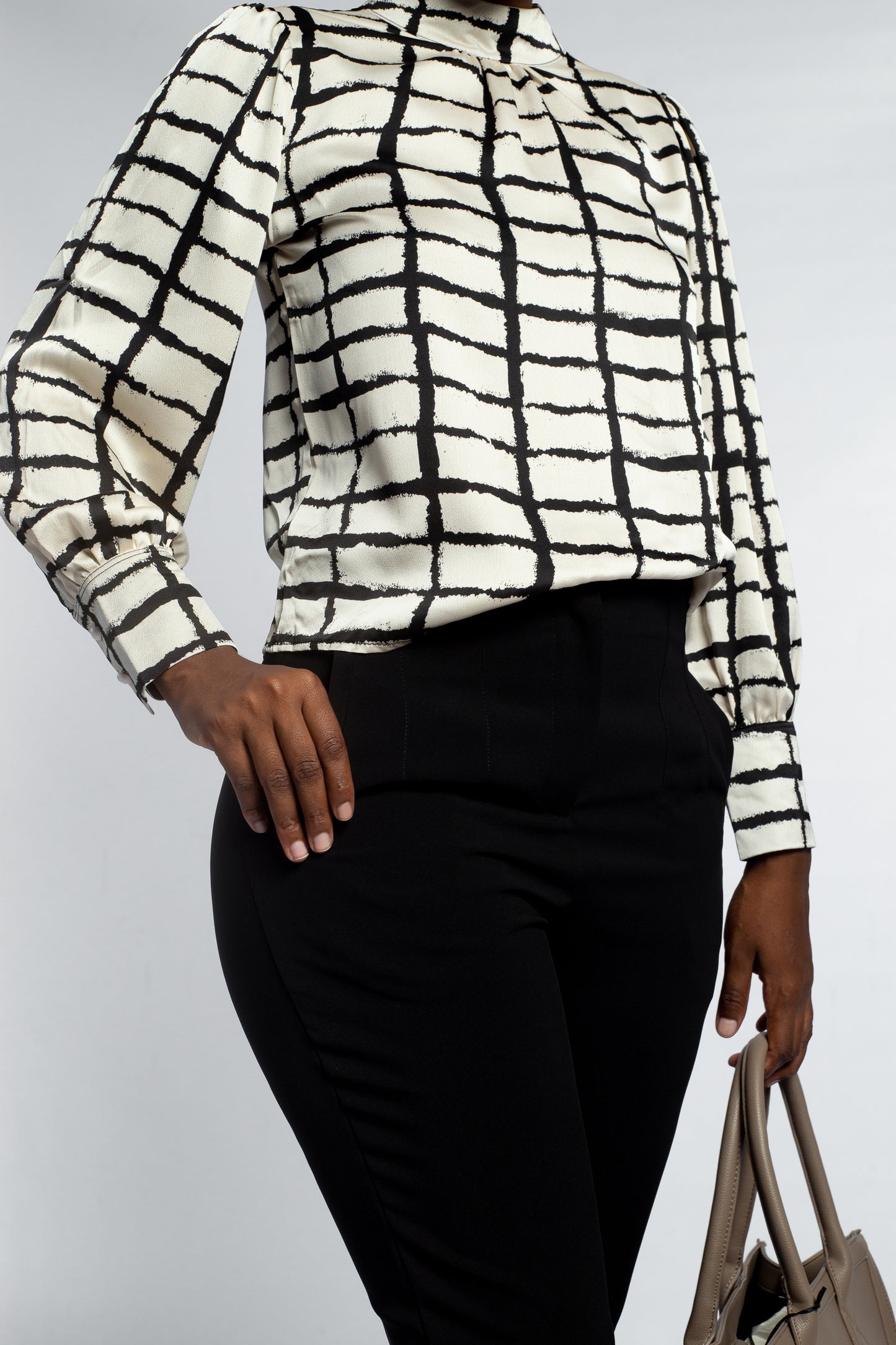 MISS K BL96479 GRID CHECK BLOUSE-STONE | BLK