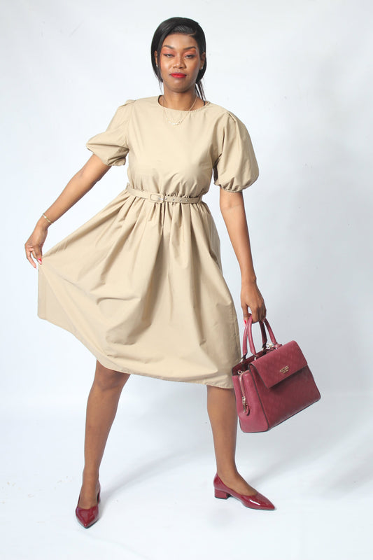 MISS K LD 97071 POPLIN FIT AND FLARE DRESS-CAMEL