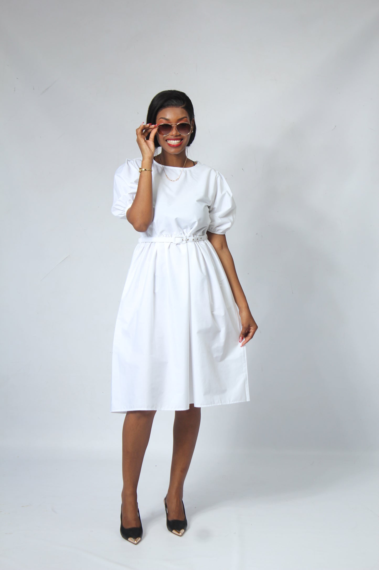 MISS K LD 97071 POPLIN FIT AND FLARE DRESS-WHITE