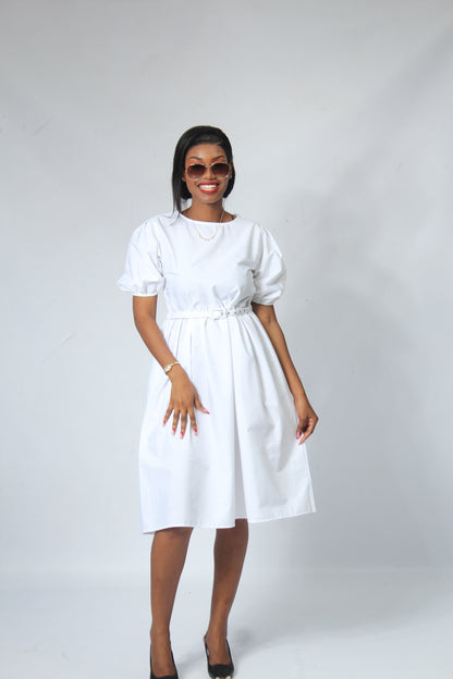 MISS K LD 97071 POPLIN FIT AND FLARE DRESS-WHITE