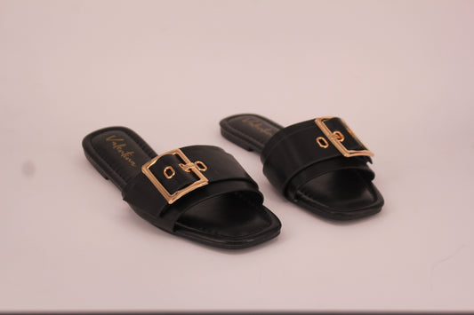 VALENTINA FLAT CROSS STRAP BUCKLE SANDAL-BLACK