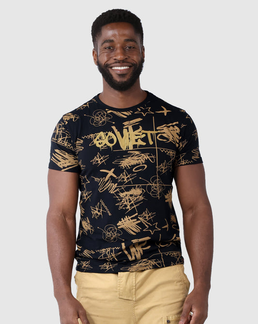 SOVIET SVT8711 M-JESSE ALL OVER PRINT C/NECK S/S TEE-BLK | BRWN