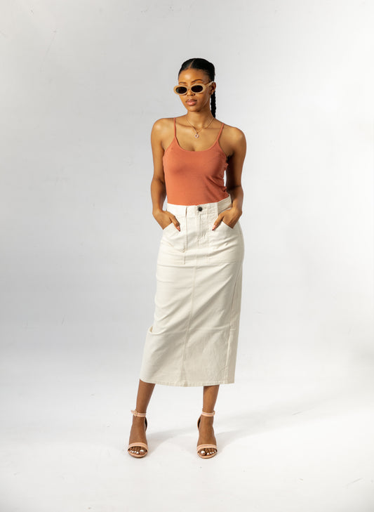 FINE THREADS SSB-01 LONG DENIM SKIRT-CREAM