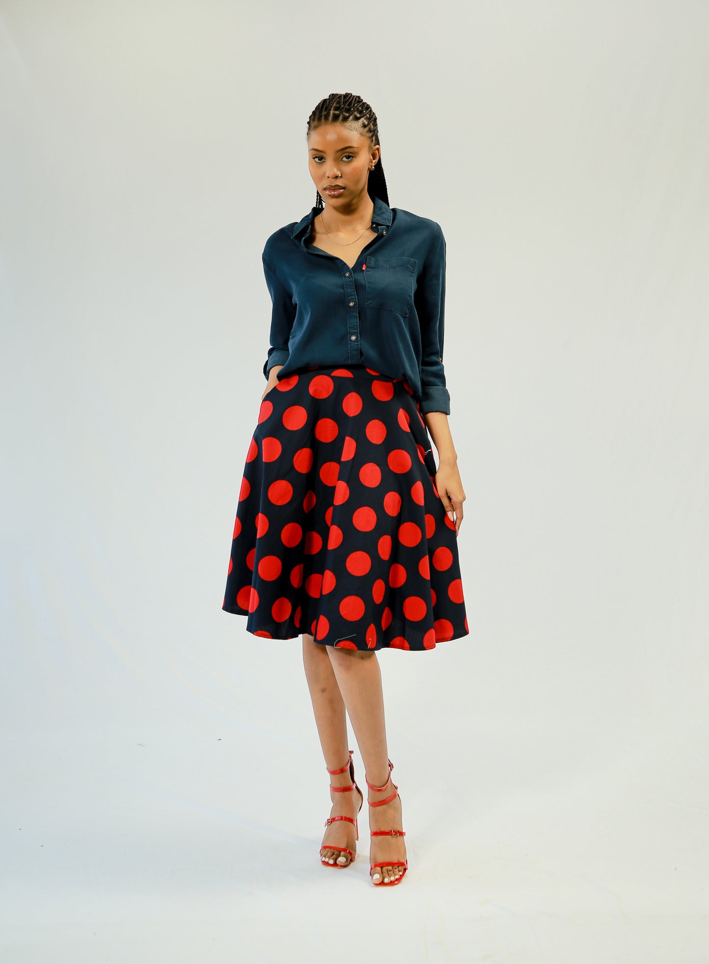 INSPIRE DL773 LDS POLKA DOT FLARE SKIRT-NAVY/RED